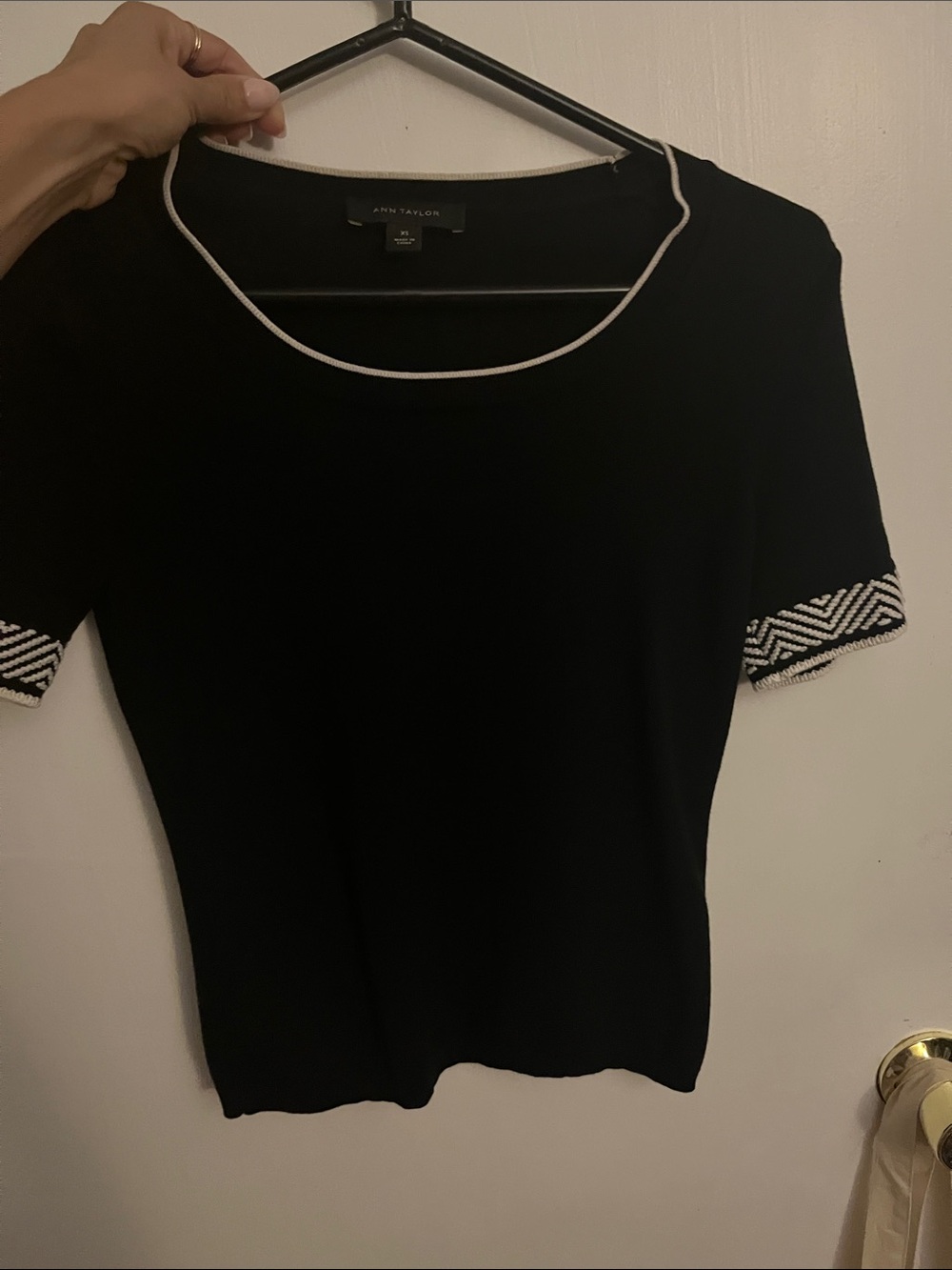 Ann Taylor Black Short-Sleeve sweater tee with White Trim Accents